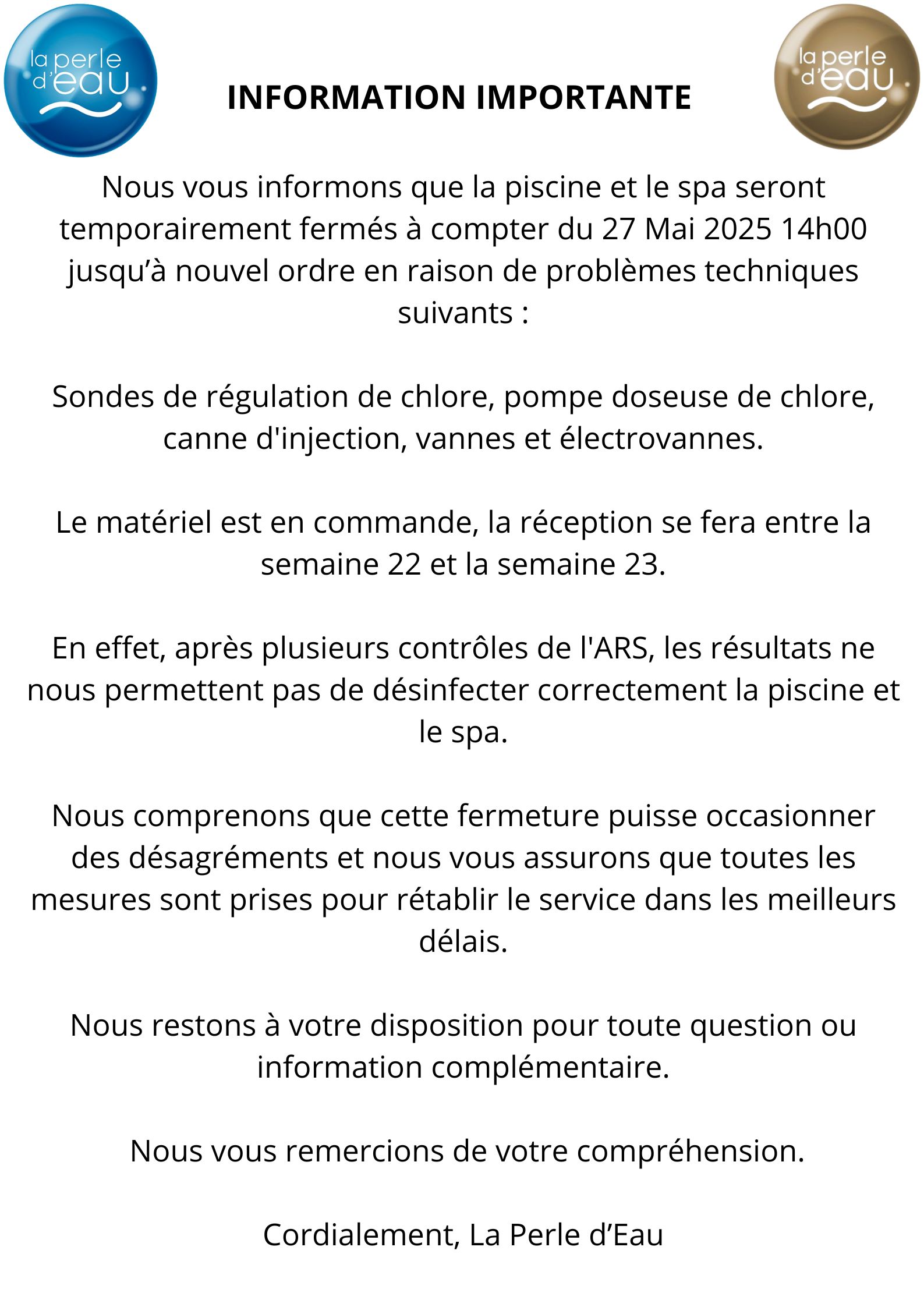 INFO IMPORTANTE - FERMETURES TEMPORAIRES