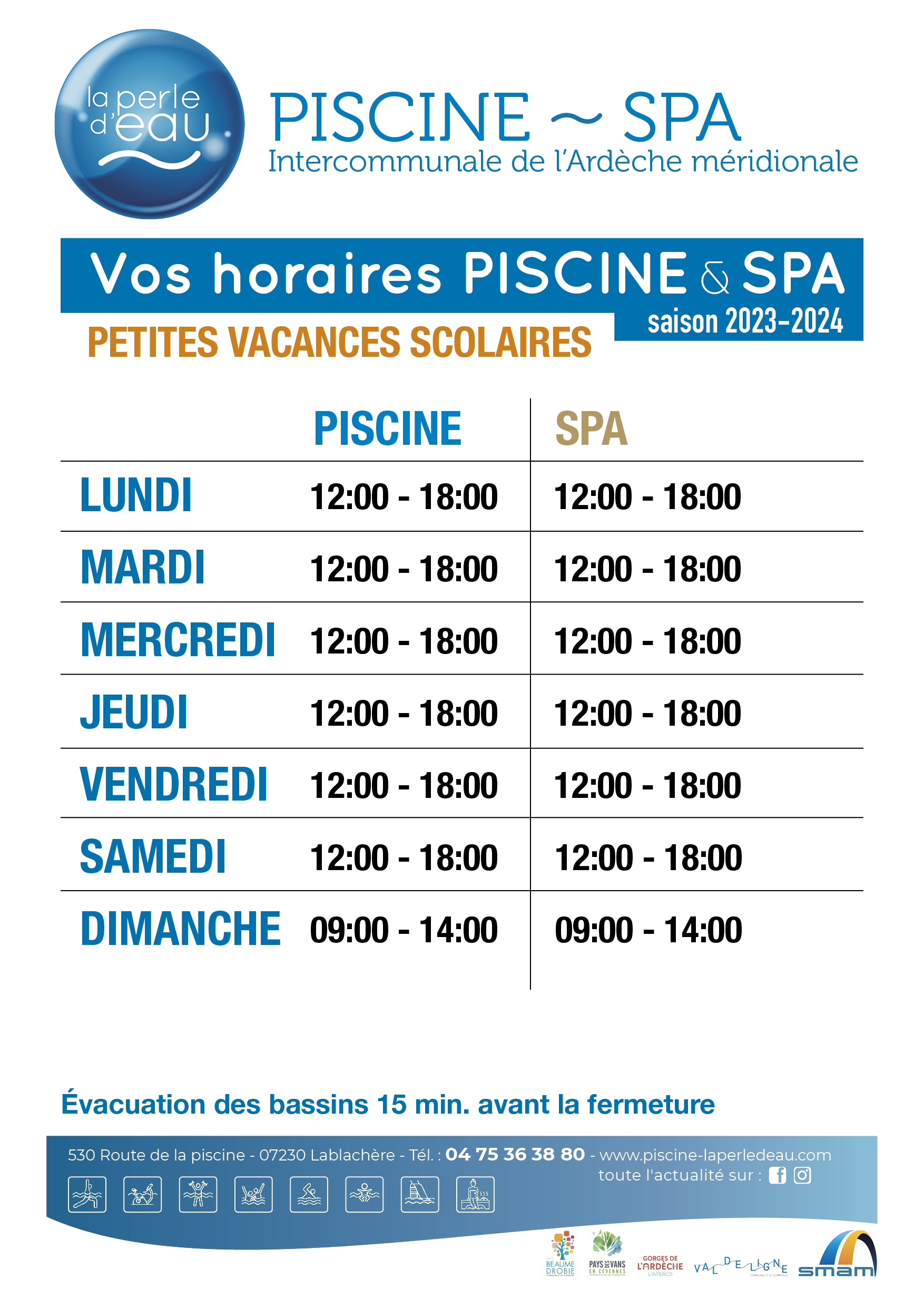 AFFICHE HORAIRES_piscine et spa_Petites vacances scolaires_ LA PERLE D'EAU_A3